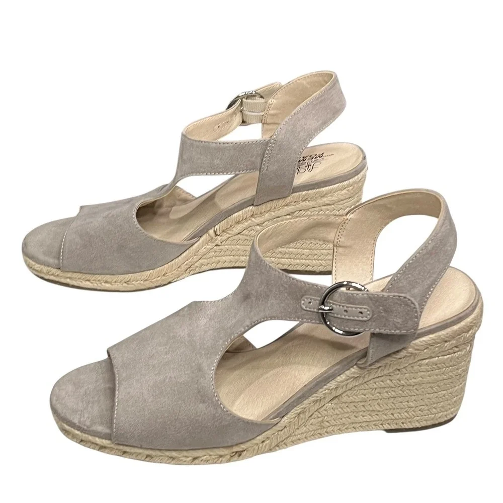 LifeStride Velocity Wedge Sandals Women 9.5 Taupe Suede Espadrille Comfort Shoes